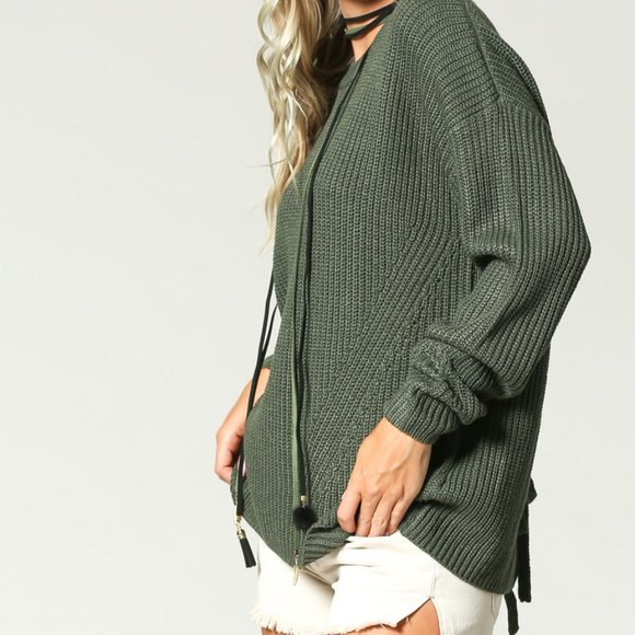 Olive eyelet lace up pullover sweater - Picture 2 of 5